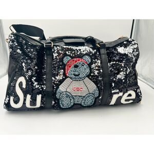 Designer Streetwear Inspired Sequin Faux Leather Black Tote Bag Teddy Bear